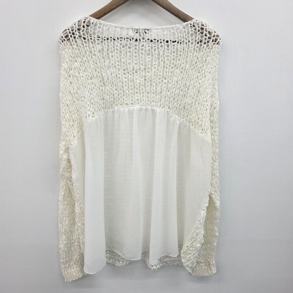 Womens S/M Ivory Open Knit Sheer Chiffon Back Sweater Boho Layered Festival - Picture 4 of 16
